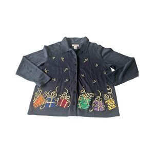 Vtg Bechamel Womens S Black Christmas Presents Holiday Button Cardigan Embroider